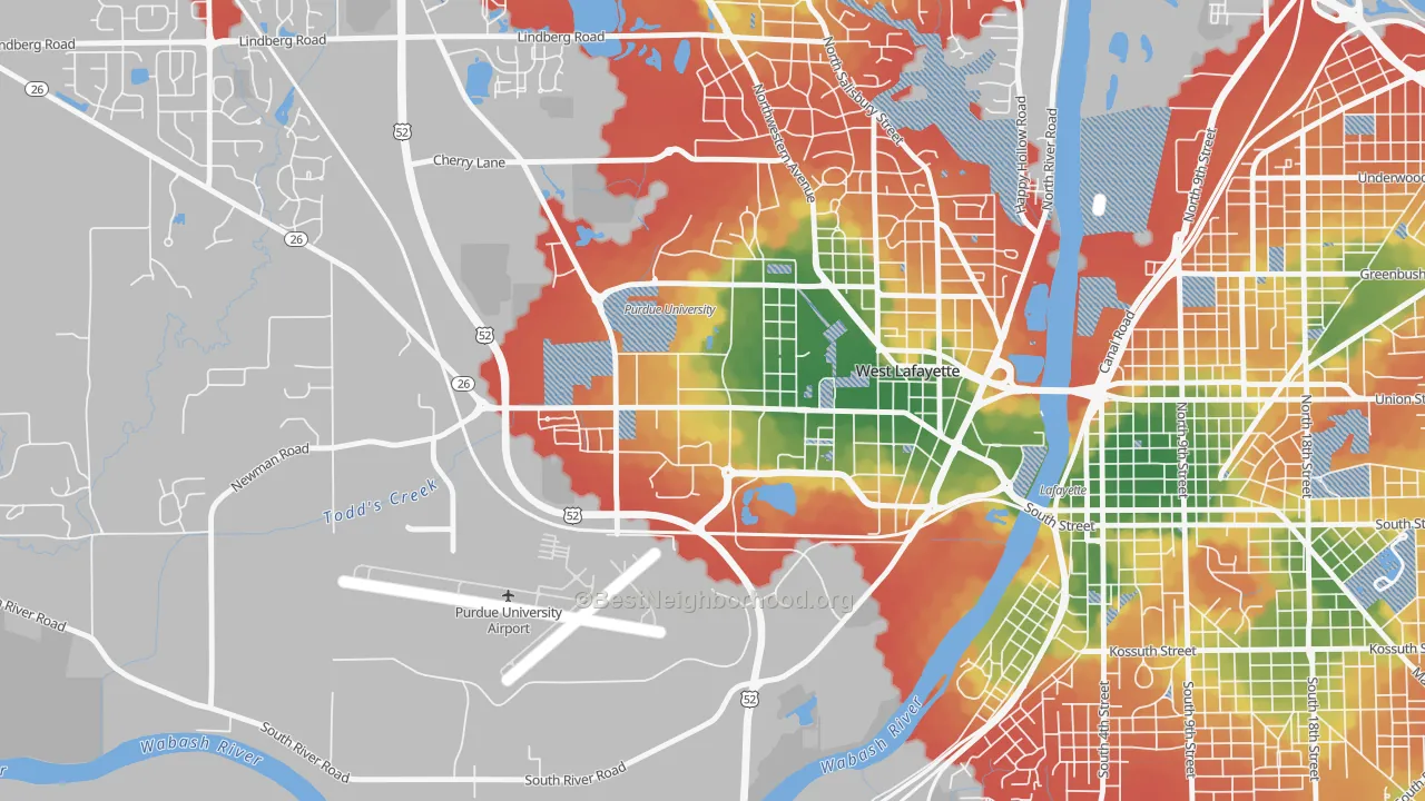 Walk Grade map of 47907, IN, walkable areas in green and car-dependent areas in red