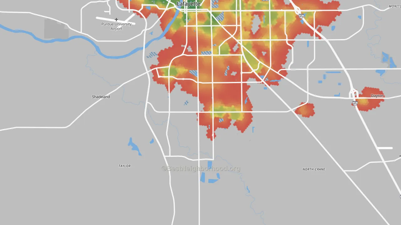 Walk Grade map of 47909, IN, walkable areas in green and car-dependent areas in red