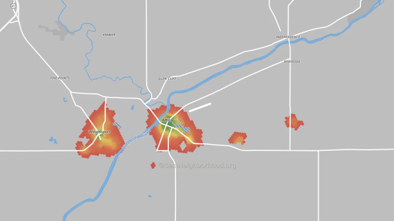 Walk Grade map of 47918, IN, walkable areas in green and car-dependent areas in red