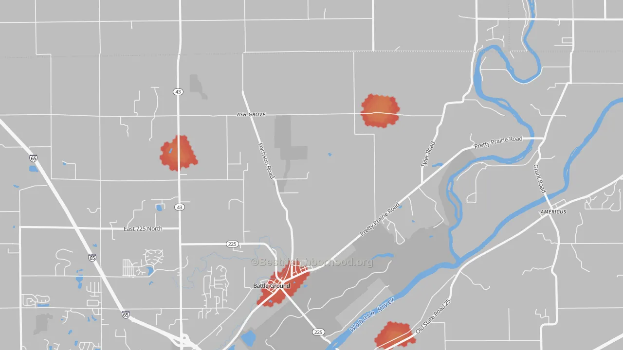 Walk Grade map of 47920, IN, walkable areas in green and car-dependent areas in red