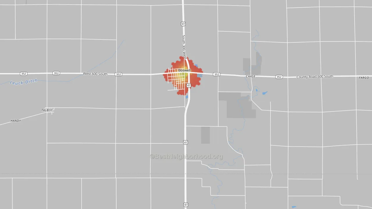 Walk Grade map of 47921, IN, walkable areas in green and car-dependent areas in red