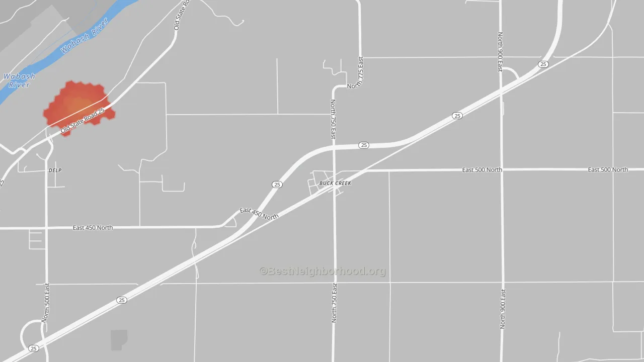 Walk Grade map of 47924, IN, walkable areas in green and car-dependent areas in red