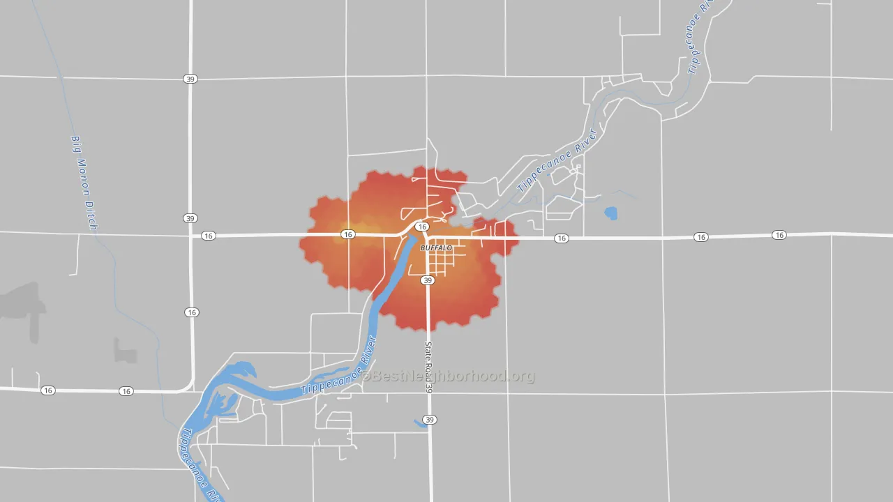 Walk Grade map of 47925, IN, walkable areas in green and car-dependent areas in red