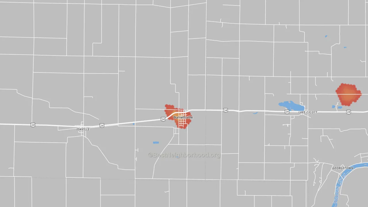 Walk Grade map of 47926, IN, walkable areas in green and car-dependent areas in red