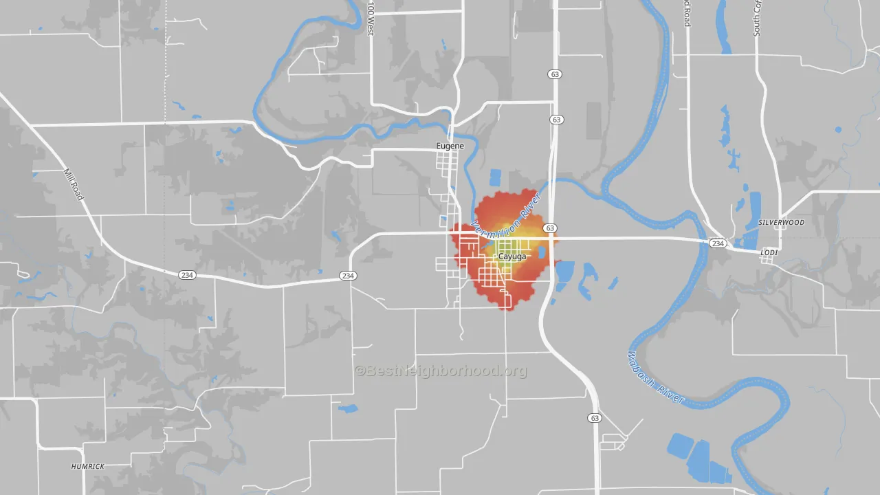 Walk Grade map of 47928, IN, walkable areas in green and car-dependent areas in red