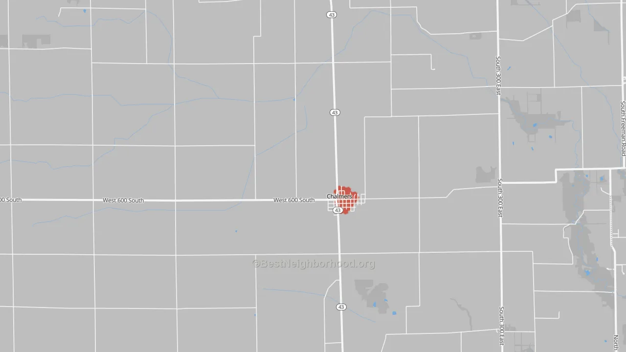 Walk Grade map of 47929, IN, walkable areas in green and car-dependent areas in red