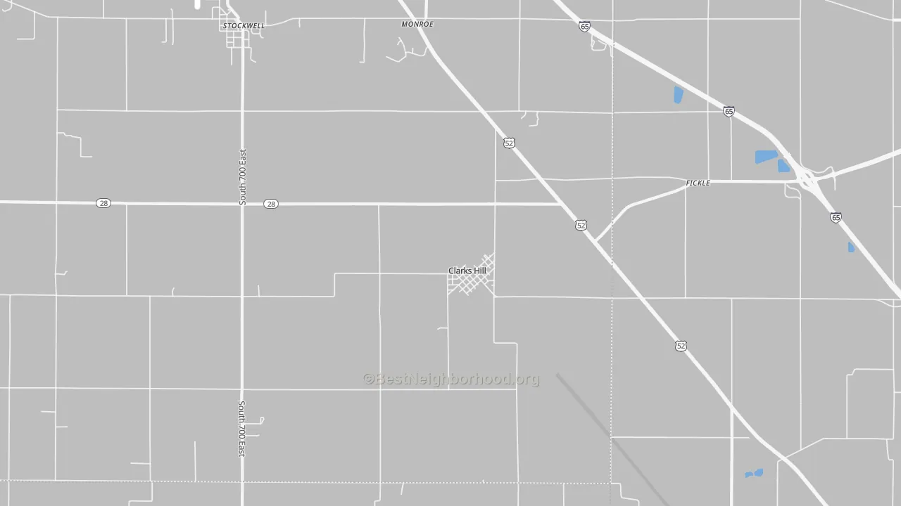 Walk Grade map of 47930, IN, walkable areas in green and car-dependent areas in red