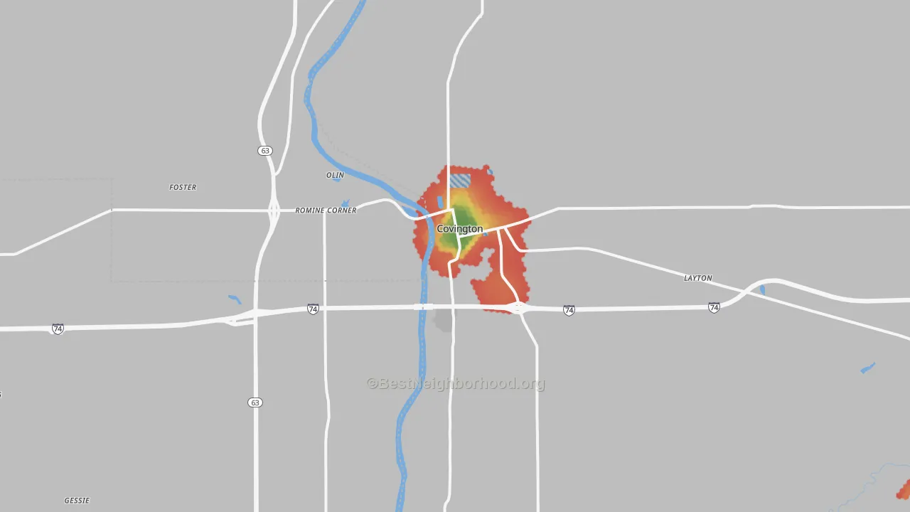 Walk Grade map of 47932, IN, walkable areas in green and car-dependent areas in red
