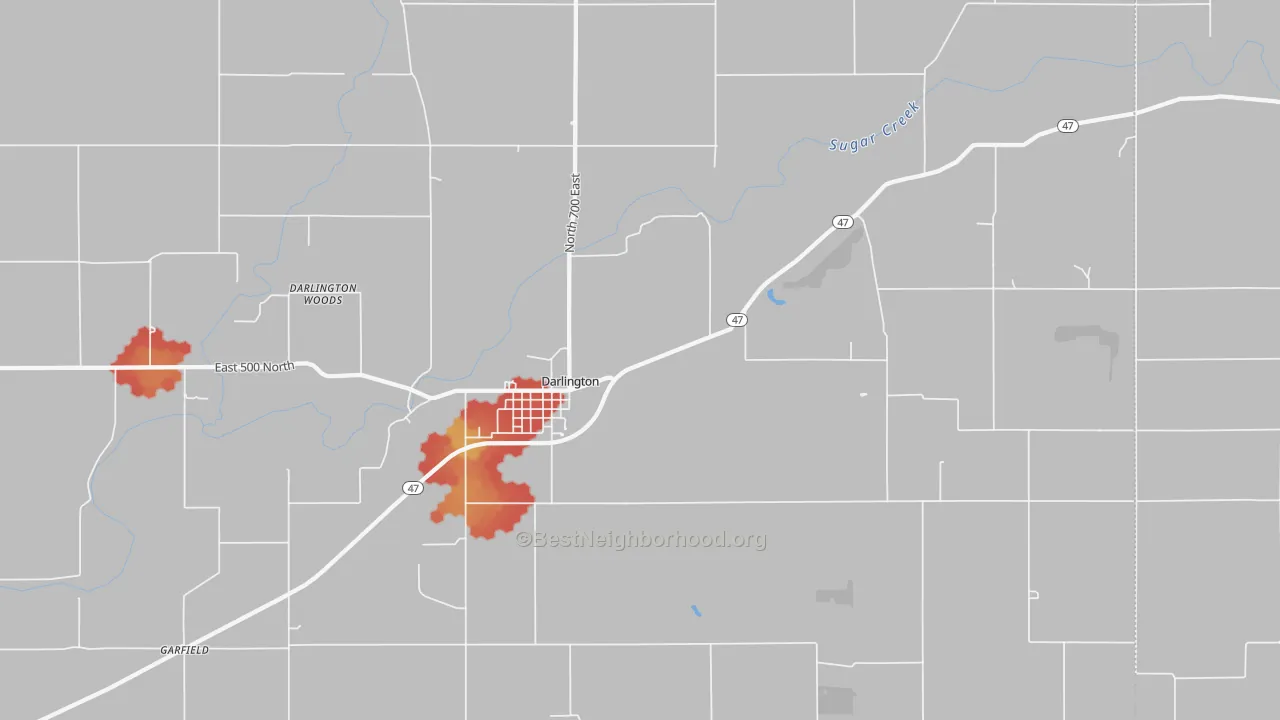 Walk Grade map of 47940, IN, walkable areas in green and car-dependent areas in red