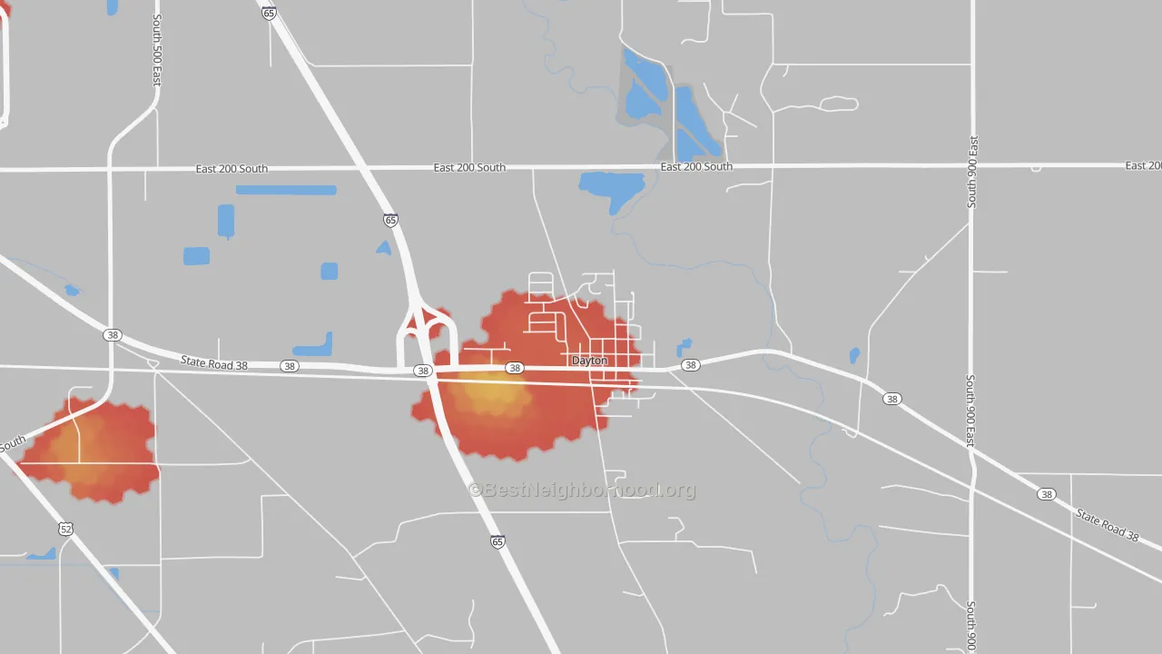 Walk Grade map of 47941, IN, walkable areas in green and car-dependent areas in red