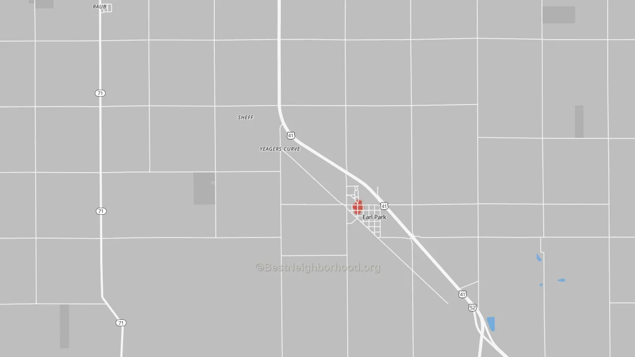 Walk Grade map of 47942, IN, walkable areas in green and car-dependent areas in red