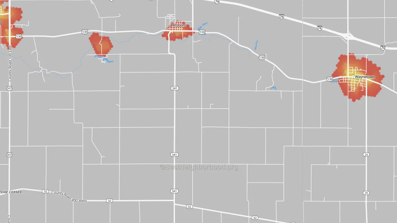 Walk Grade map of 47949, IN, walkable areas in green and car-dependent areas in red