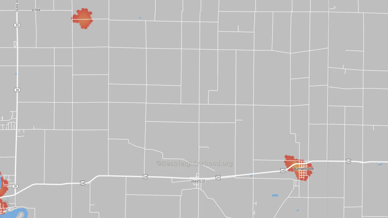 Walk Grade map of 47950, IN, walkable areas in green and car-dependent areas in red