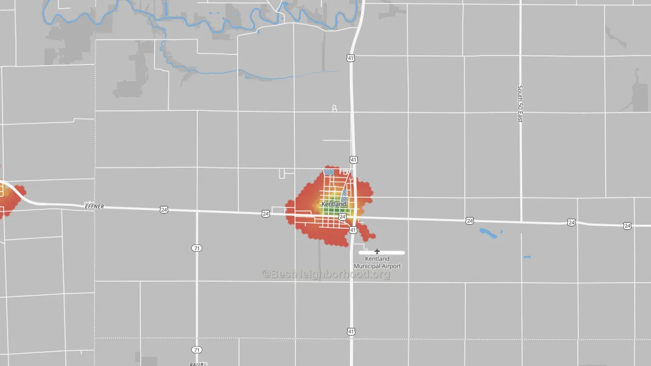 Walk Grade map of 47951, IN, walkable areas in green and car-dependent areas in red