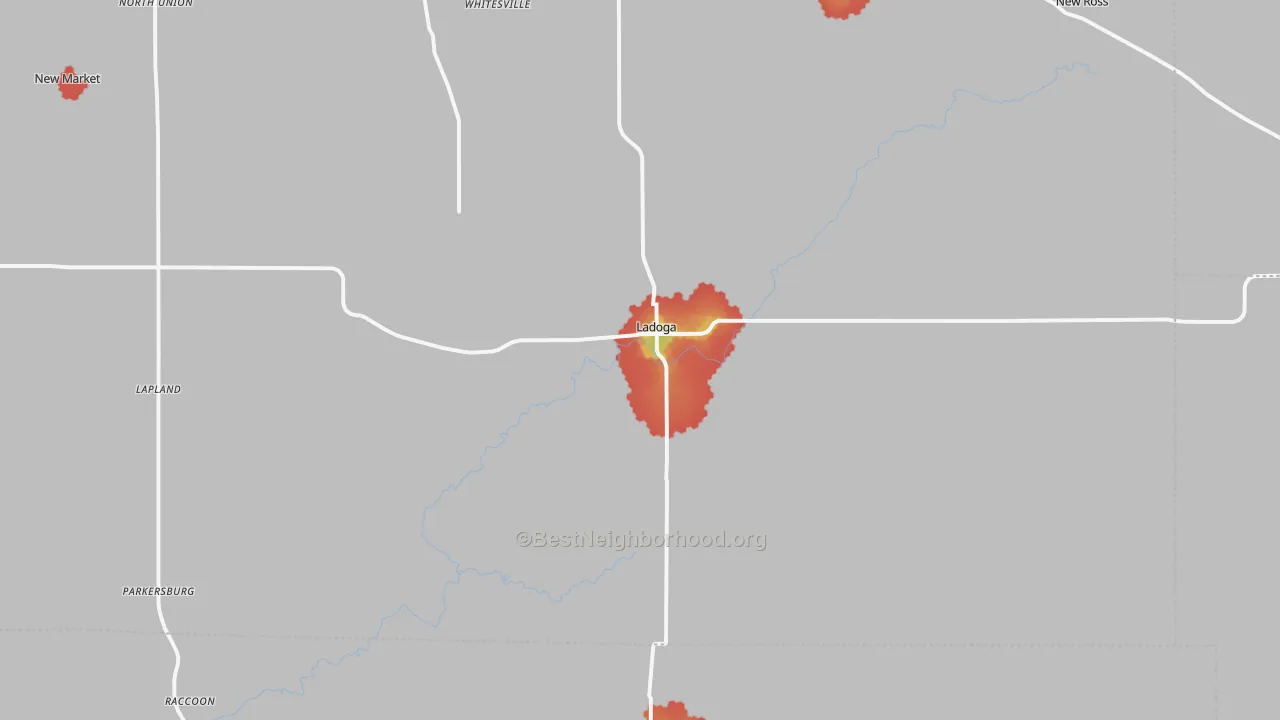 Walk Grade map of 47954, IN, walkable areas in green and car-dependent areas in red
