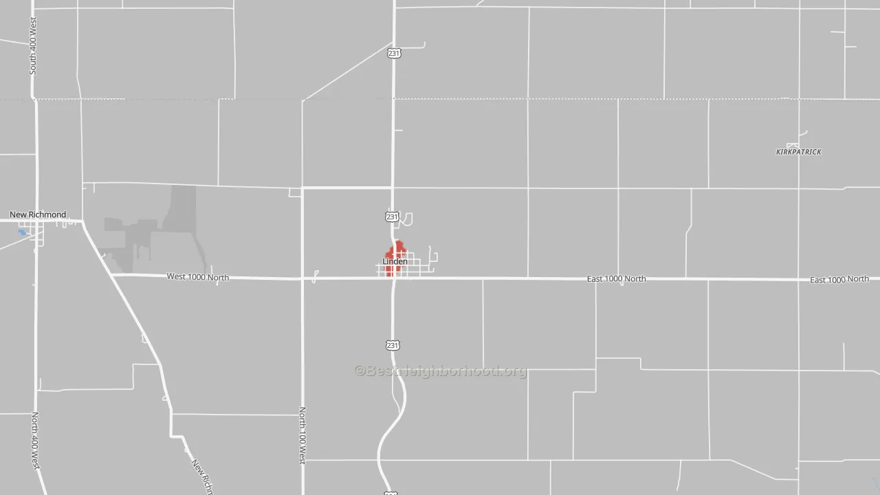 Walk Grade map of 47955, IN, walkable areas in green and car-dependent areas in red