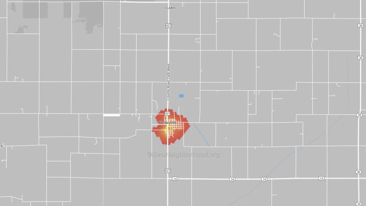 Walk Grade map of 47957, IN, walkable areas in green and car-dependent areas in red