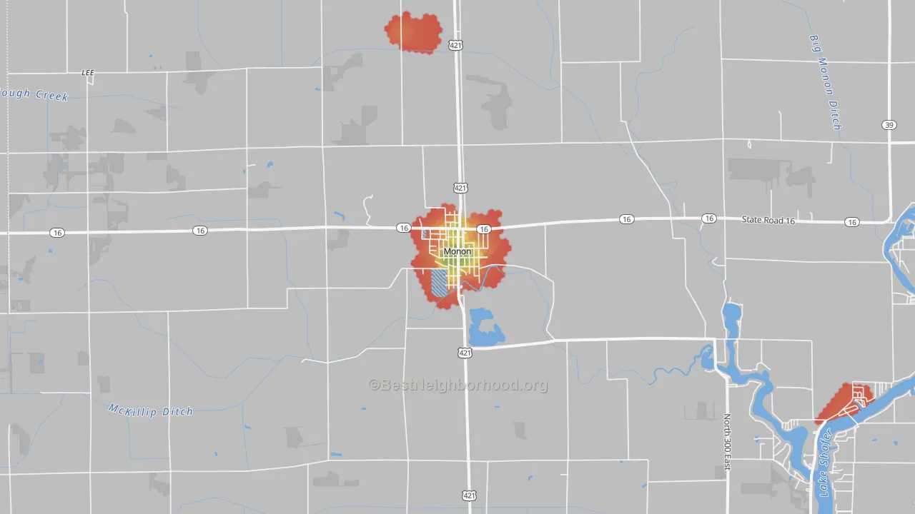 Walk Grade map of 47959, IN, walkable areas in green and car-dependent areas in red
