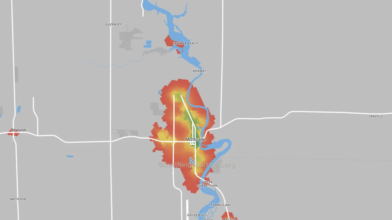 Walk Grade map of 47960, IN, walkable areas in green and car-dependent areas in red