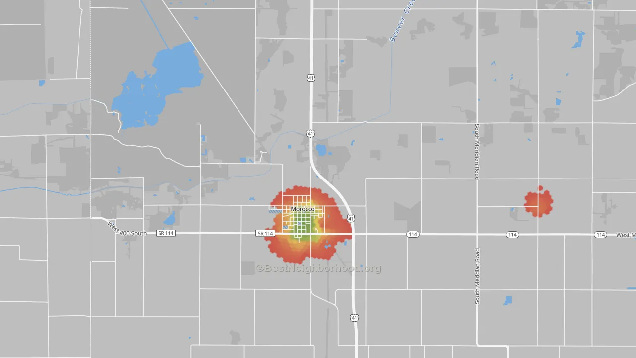 Walk Grade map of 47963, IN, walkable areas in green and car-dependent areas in red