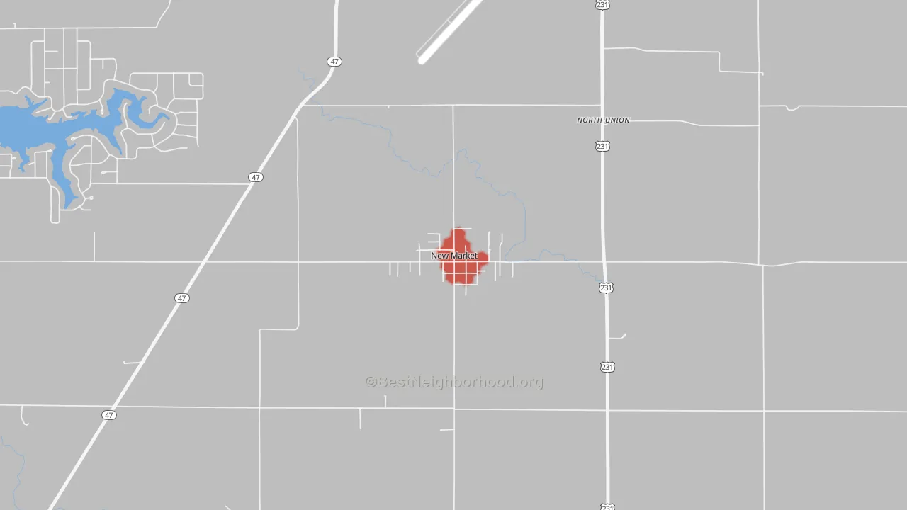 Walk Grade map of 47965, IN, walkable areas in green and car-dependent areas in red