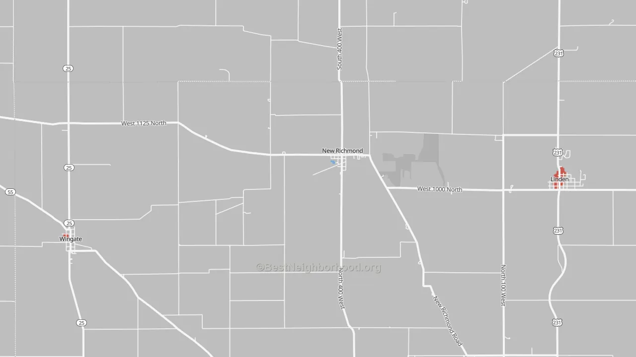 Walk Grade map of 47967, IN, walkable areas in green and car-dependent areas in red