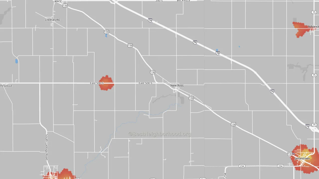 Walk Grade map of 47968, IN, walkable areas in green and car-dependent areas in red