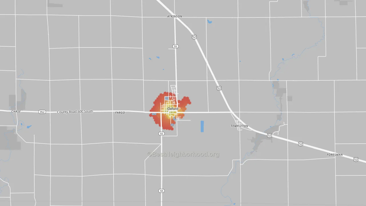 Walk Grade map of 47971, IN, walkable areas in green and car-dependent areas in red
