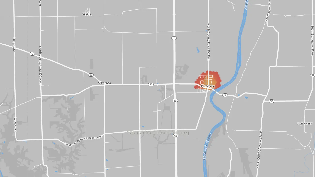Walk Grade map of 47974, IN, walkable areas in green and car-dependent areas in red