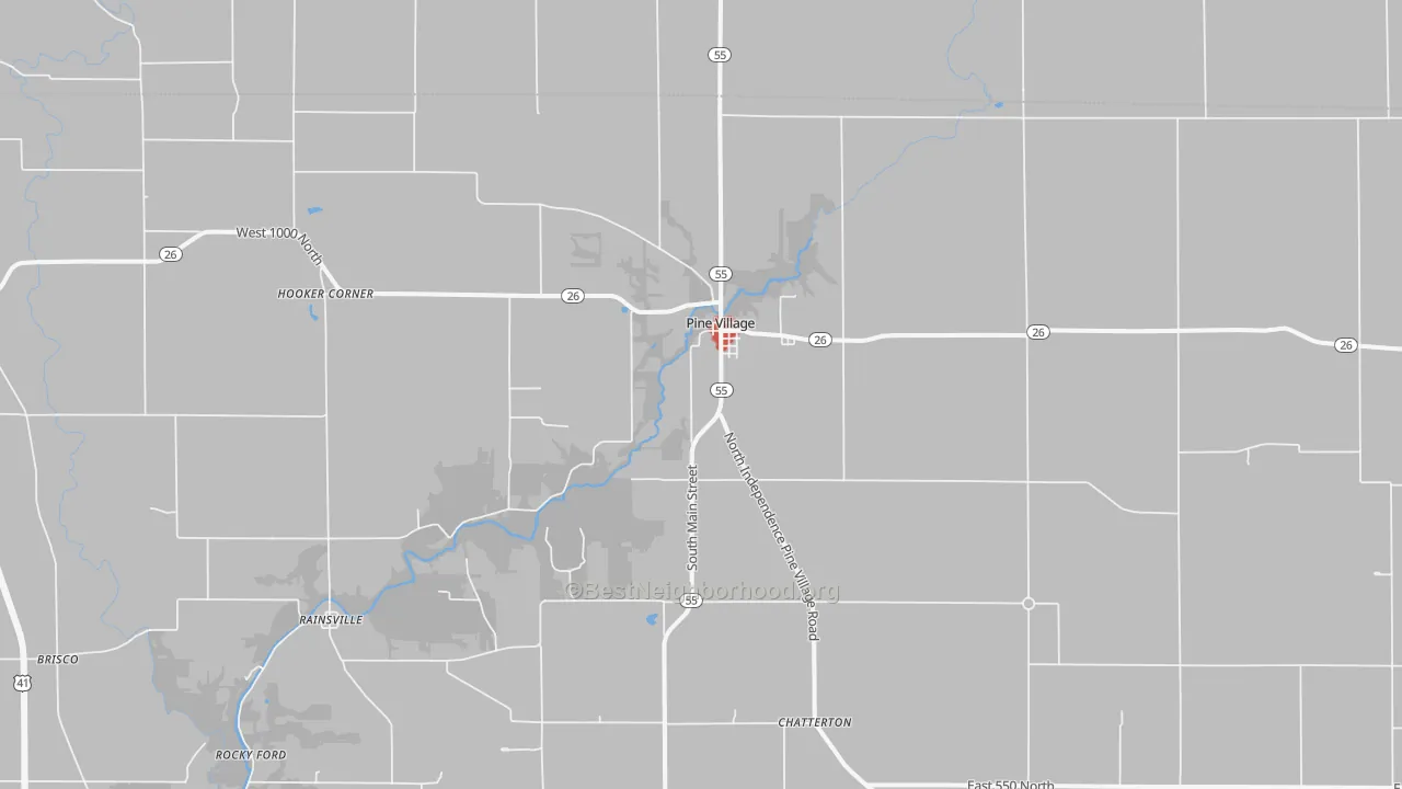 Walk Grade map of 47975, IN, walkable areas in green and car-dependent areas in red