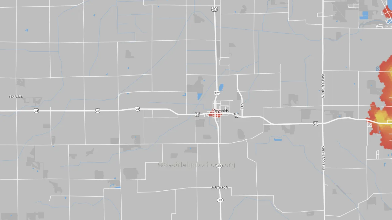 Walk Grade map of 47980, IN, walkable areas in green and car-dependent areas in red