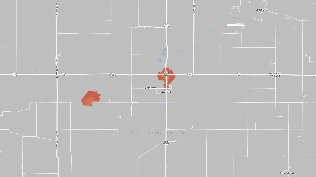 Walk Grade map of 47981, IN, walkable areas in green and car-dependent areas in red