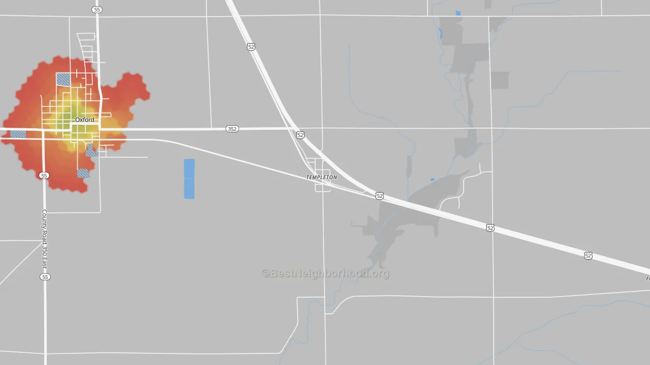 Walk Grade map of 47986, IN, walkable areas in green and car-dependent areas in red