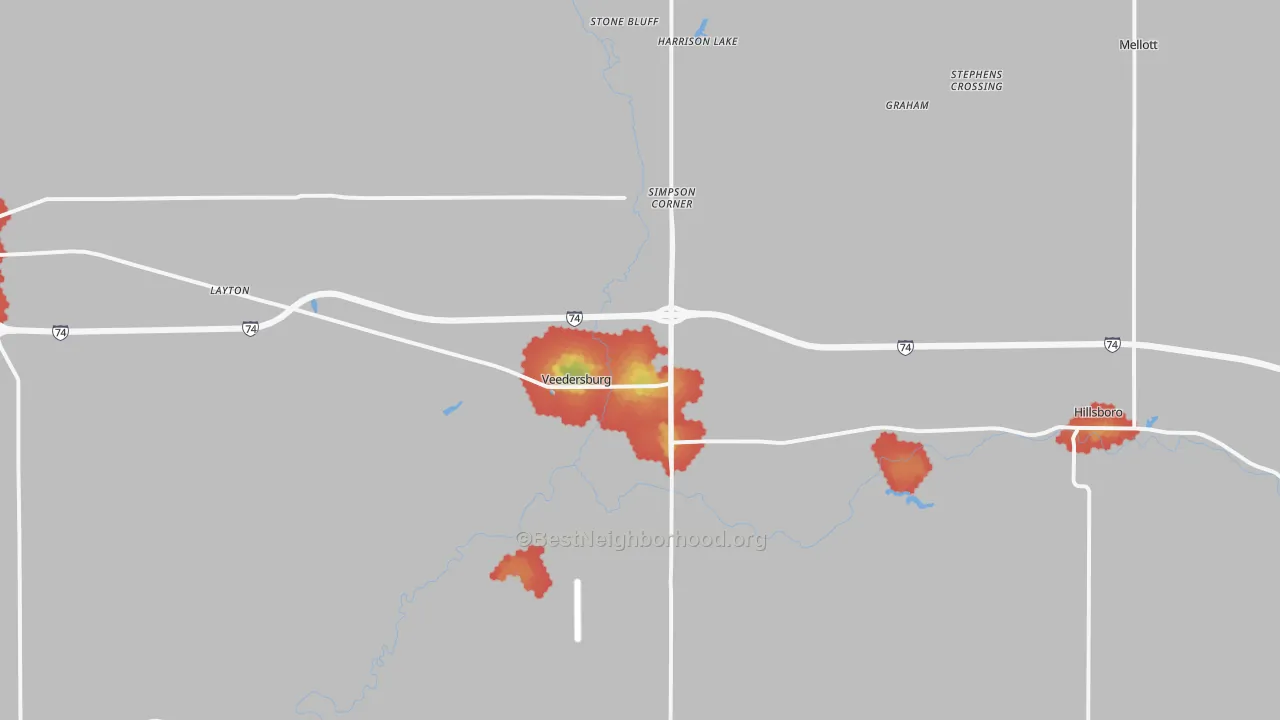 Walk Grade map of 47987, IN, walkable areas in green and car-dependent areas in red