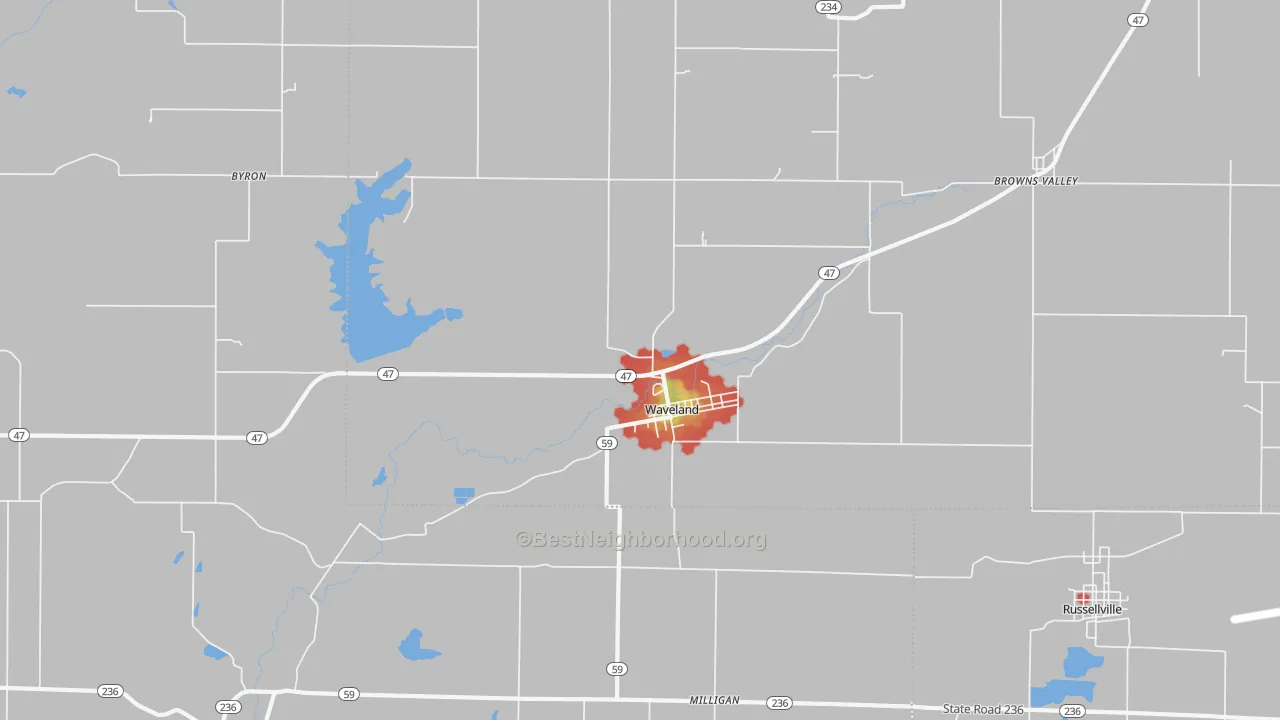 Walk Grade map of 47989, IN, walkable areas in green and car-dependent areas in red