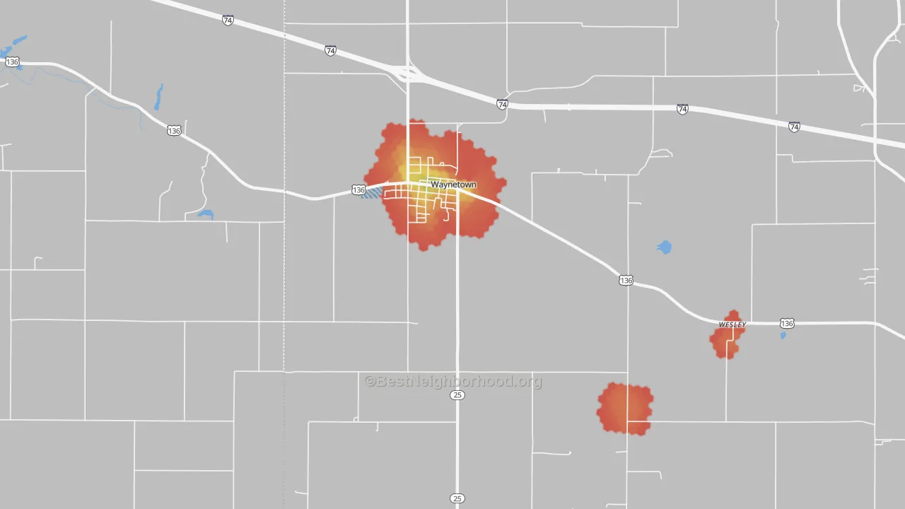 Walk Grade map of 47990, IN, walkable areas in green and car-dependent areas in red