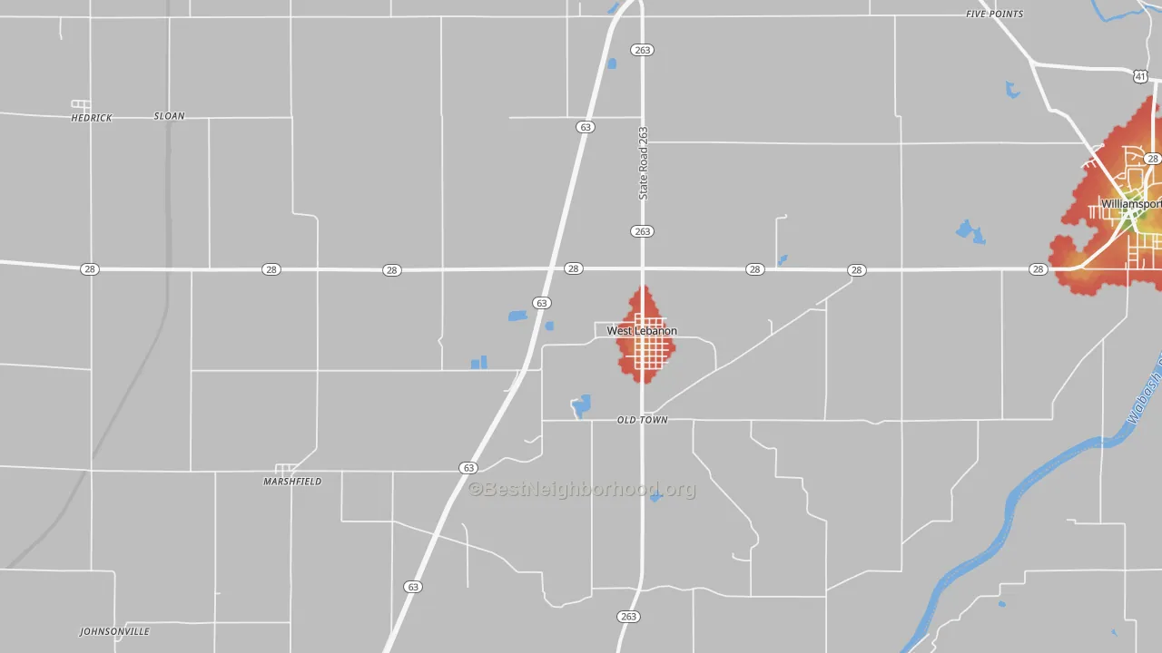 Walk Grade map of 47991, IN, walkable areas in green and car-dependent areas in red