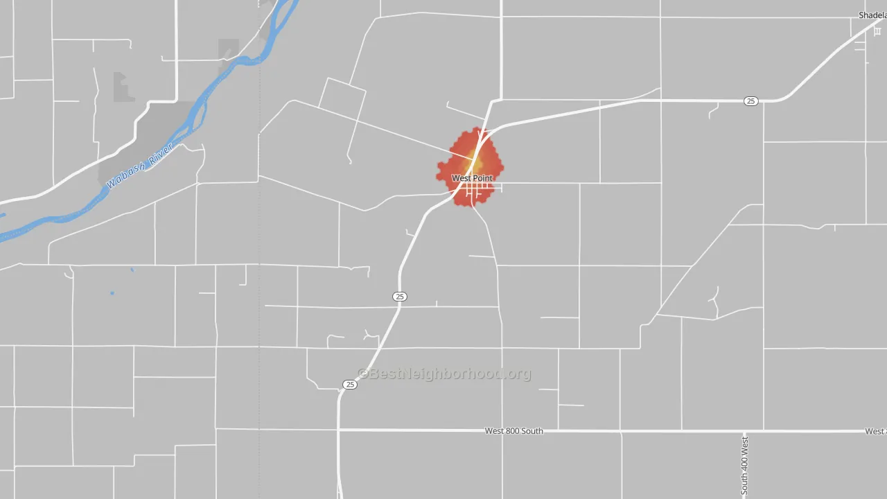 Walk Grade map of 47992, IN, walkable areas in green and car-dependent areas in red
