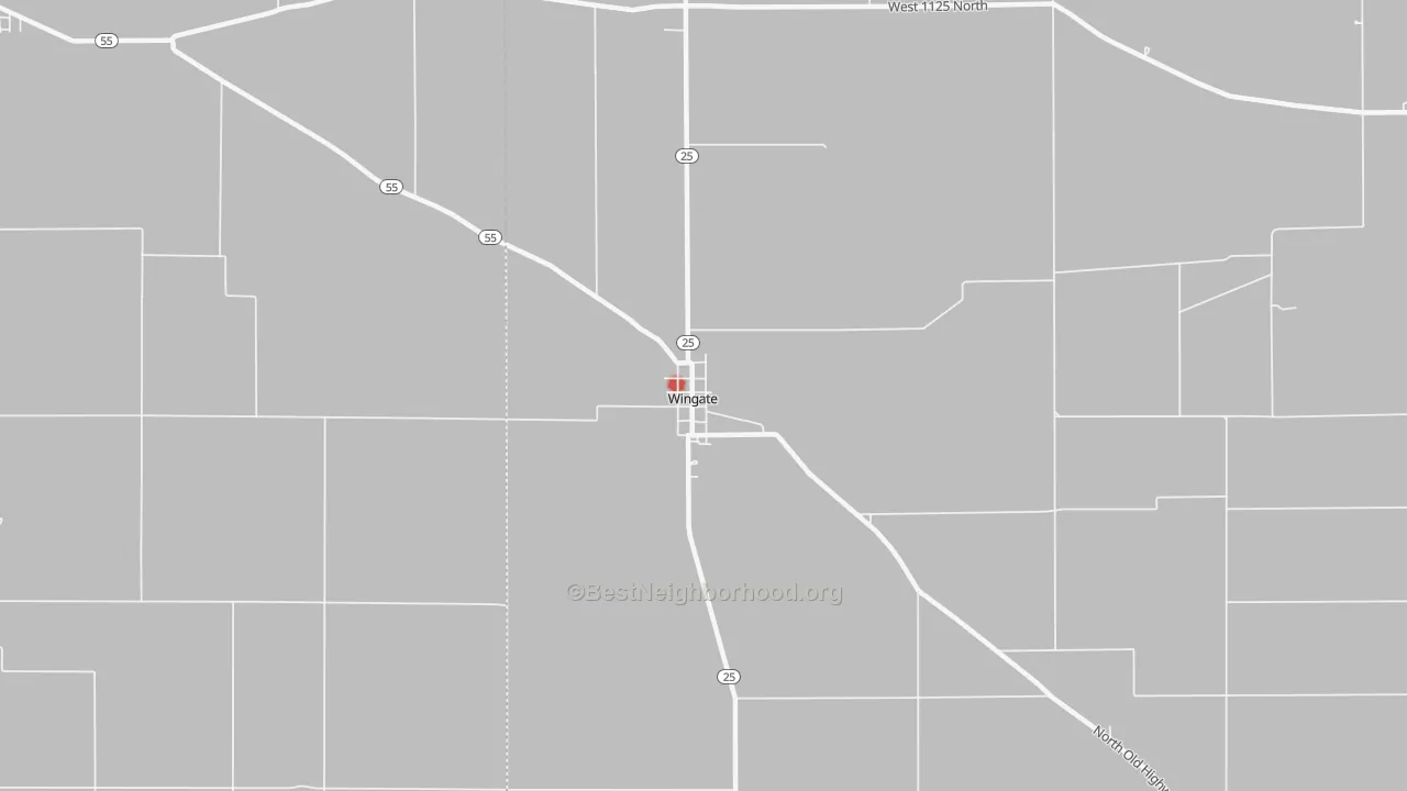Walk Grade map of 47994, IN, walkable areas in green and car-dependent areas in red