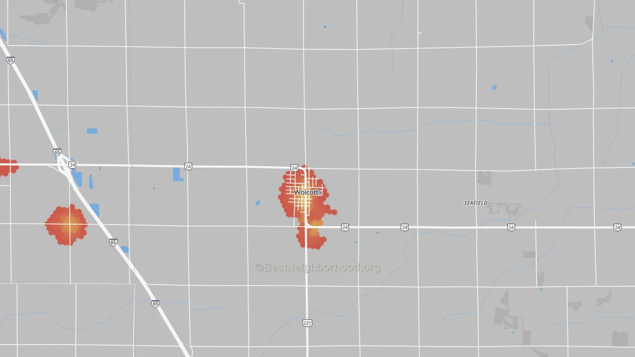 Walk Grade map of 47995, IN, walkable areas in green and car-dependent areas in red