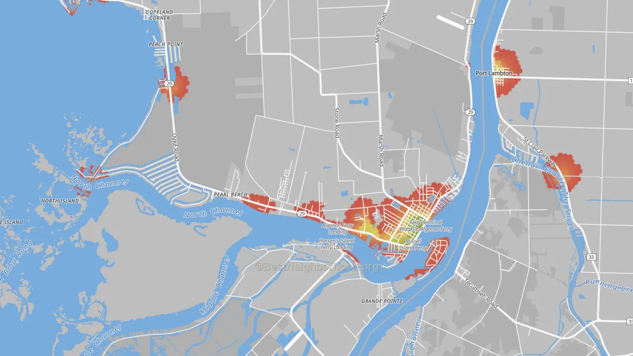 Walk Grade map of 48001, MI, walkable areas in green and car-dependent areas in red