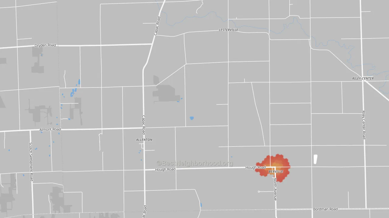 Walk Grade map of 48002, MI, walkable areas in green and car-dependent areas in red