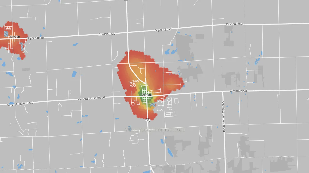 Walk Grade map of 48003, MI, walkable areas in green and car-dependent areas in red