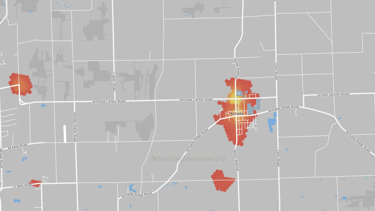 Walk Grade map of 48005, MI, walkable areas in green and car-dependent areas in red