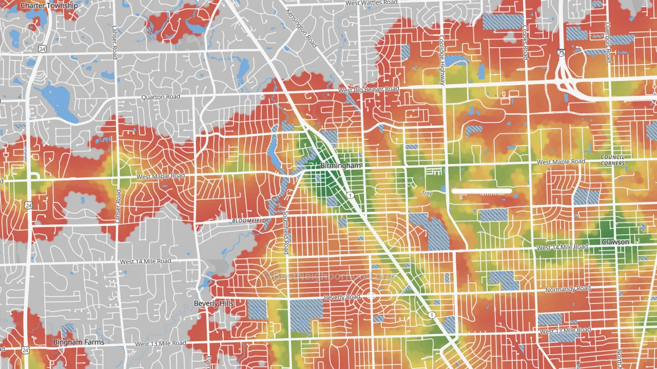 Walk Grade map of 48009, MI, walkable areas in green and car-dependent areas in red