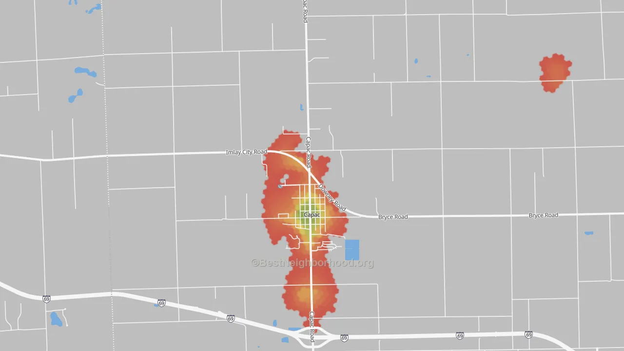 Walk Grade map of 48014, MI, walkable areas in green and car-dependent areas in red