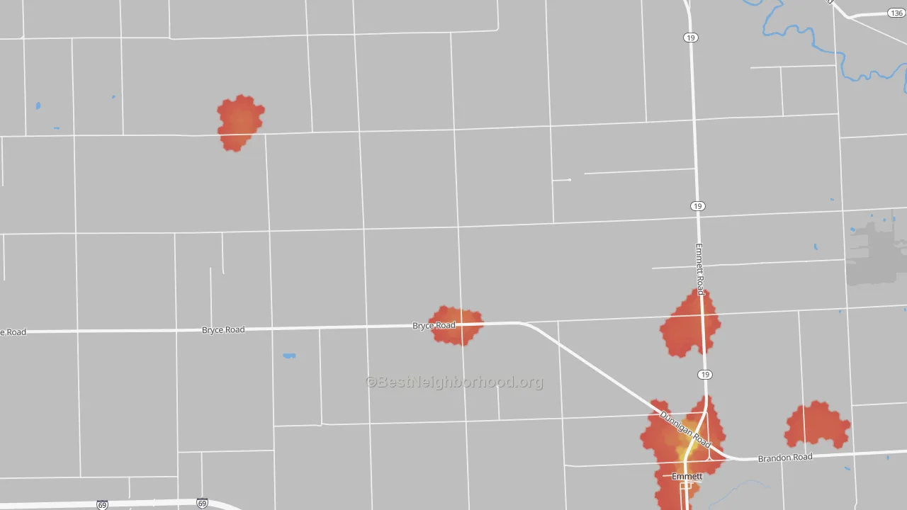 Walk Grade map of 48022, MI, walkable areas in green and car-dependent areas in red
