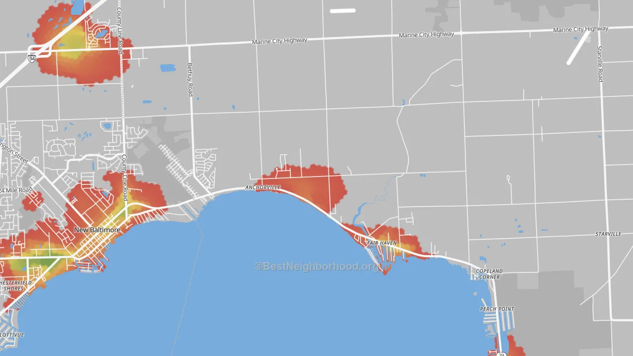 Walk Grade map of 48023, MI, walkable areas in green and car-dependent areas in red