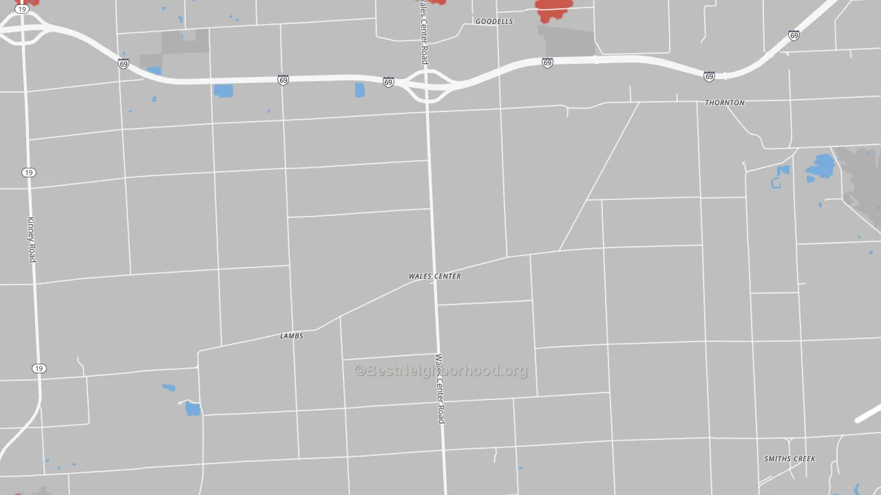 Walk Grade map of 48027, MI, walkable areas in green and car-dependent areas in red