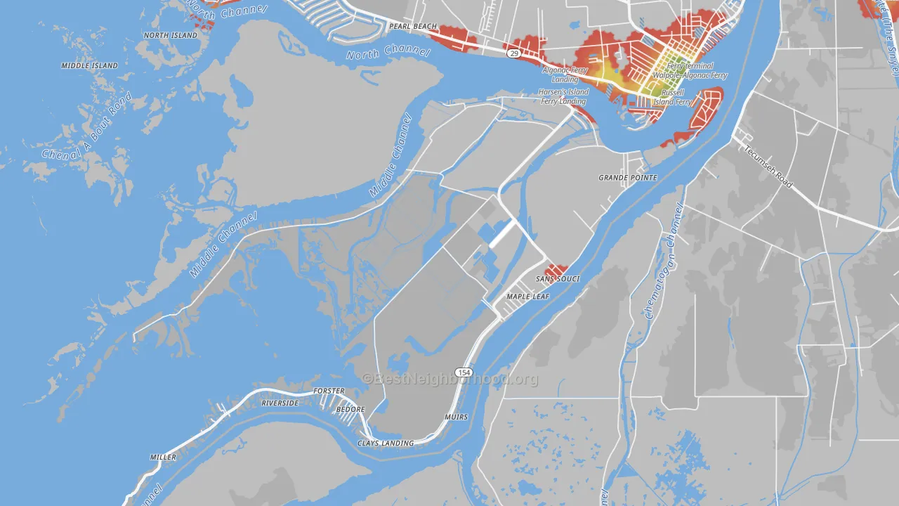 Walk Grade map of 48028, MI, walkable areas in green and car-dependent areas in red